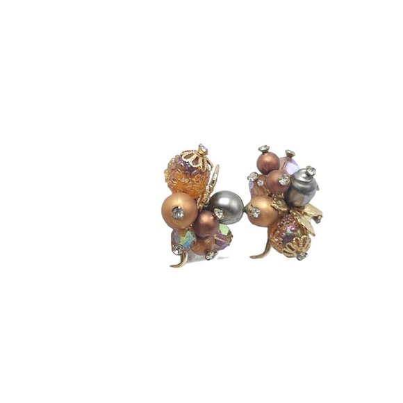 Vendome Brown Silver Cluster Bead Earrings Screw Back Closure Gold Tone VTG - Picture 2 of 8